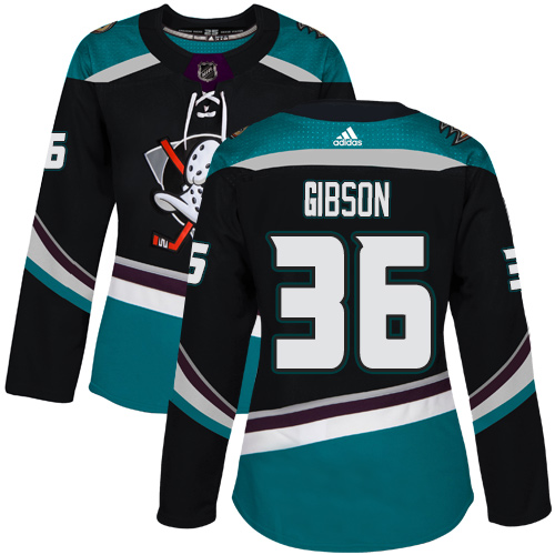 Adidas Ducks #36 John Gibson Black/Teal Alternate Authentic Women's Stitched NHL Jersey